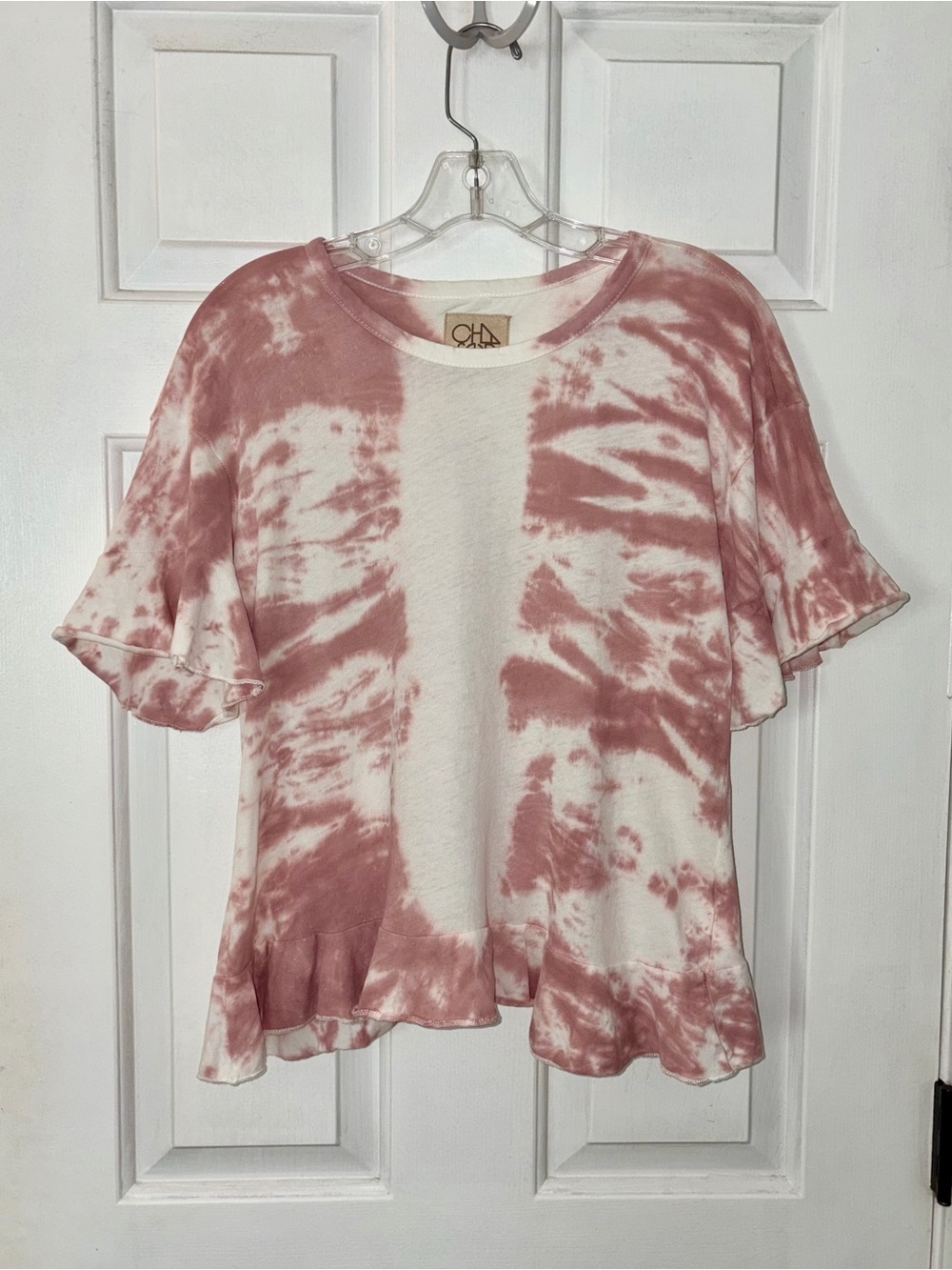 Chasor Pink & White Tie Dye Ruffle Cotton Short Sleeve Top